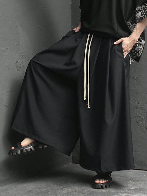 Black Casual Collar  Woven Fabric Plain Wide Leg Embellished Non-Stretch  Men Clothing Hakama Pants Men, Hanbok Pants, Wide Pants Outfit, Japanese Pants, Hakama Pants, Long Pants Outfit, Oversized Pants, Baggy Clothes, Half Sleeve Tops