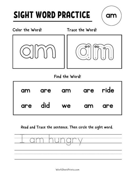 Printable Sight Words - Am | Free Printable Worksheets Sight Word Am Worksheet, Am Sight Word Worksheet, Kindergarten Sight Word Worksheets, Sight Word Practice Kindergarten, Free Phonics Printables, Sight Word Worksheets Free, Tracing Words, Easy Math Worksheets, Words Worksheet