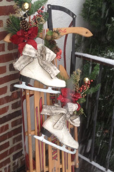 Updated ribbon for 2013 Runner Sled with decorated Ice Skates Christmas Sleighs, Christmas Sled Decoration, Sled Decor, Snowman Candle Holder, Christmas Diy Decorations, Christmas Ice Skates, Christmas Sled, Snowman Candle, Easy Diy Decor