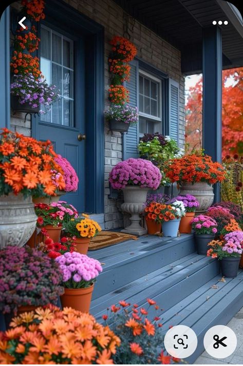 Pumpkin Decorations Outdoor, Fall Mums Porch Front Steps, Fall Fence Decorating Ideas, Flowers On Porch, Mums Decor, Yard Fall Decor, Autumn Vignettes, Fall Houses, Front Yard Christmas