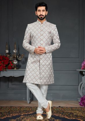 Dusty Pink Imported Silk Indo Western Outfit - ROY382312R Men Indian Wedding Outfit, Indo Western Outfit, Indo Western Dress For Men, Wedding Matching Outfits, Indo Western Sherwani, Outfit Grey, Wedding Kurta For Men, Groom Photoshoot, Blazer Outfits Men