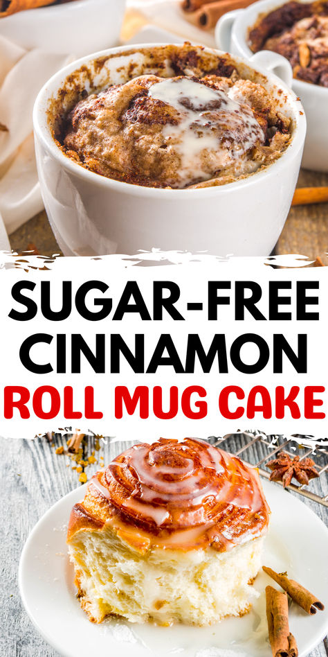 Enjoy a sugar-free cinnamon roll mug cake that tastes just as delicious as Cinnabon without the added sugar guilt. This easy-to-make treat is perfect for those monitoring their carb and sugar intake, offering a delightful and satisfying dessert in just two minutes. Create this classic favorite with zero grams of added sugar and relish the ooey-gooey goodness of a cinnamon roll without the sugar spike. Cinnamon Desserts Healthy, Low Calorie Desserts Easy, Low Calorie Sweet Snacks, Cinnamon Roll Mug Cake, Sugar Free Cake Recipes, Healthy Cream Cheese, Low Sugar Desserts, Sugar Free Cake, Dessert Recipies