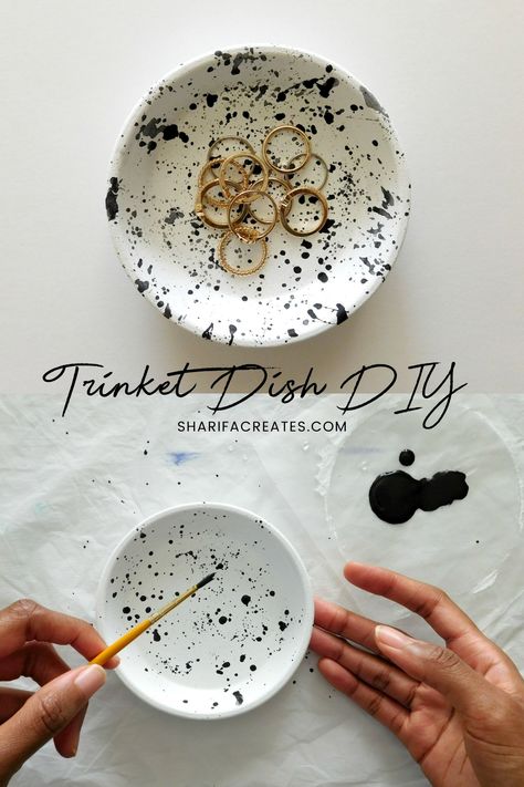 Diy Ring Holder Dish, Clay Catch All Dish Diy, Diy Painted Jewelry Dish, Diy Ceramic Jewelry Dish, How To Make Clay Trinket Dish, How To Paint Clay, Clay Dishes Diy Jewelry Holder, Polymer Clay Trinket Dish Diy, Clay Jewelry Dish Diy