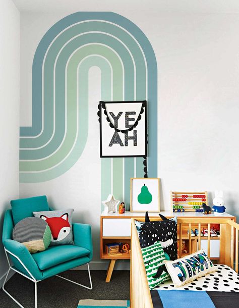 "Generous over-sized Half, Elongated, Curve Rainbow Wall Decal.  Perfect accent for any room in your home or office.  Your little one or YOU will be in love with this whimsical collection.  The color and detail are truly amazing.   Choose your size and orientation. See below for newly painted rooms, textured walls and more - this is important information. Choose your size and orientation : * Small 20\" wide x 36\" high * Medium 25\" wide x 50\" high * Large 36\" wide x 70\" high * X-Large 50\" w Playroom Feature Wall Paint, Wall Mural For Playroom, Painted House Playroom, Boy Mural Wall, Colourful Accent Wall, Painted Playroom Walls, Playroom Wall Design, Painting Rainbows On Walls, Boy Nursery Colorful