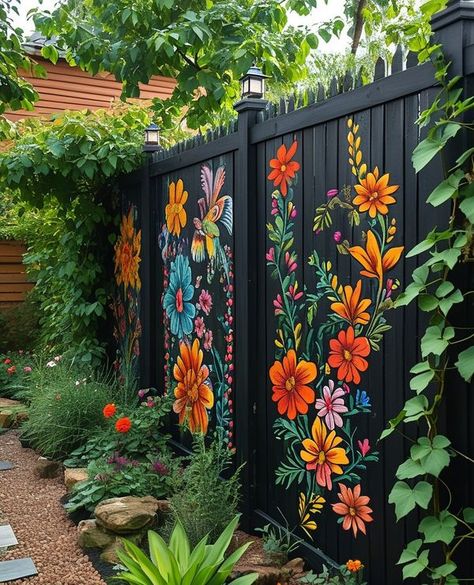 Unique Backyard Fence Ideas, Painted Wall Garden, Outdoor House Mural, Backyard Wooden Fence Decorating Ideas, Black Garden Fence Ideas, Fence Flowers Ideas, Black Painted Fence, Ugly Fence Cover Up, Door Fence Ideas