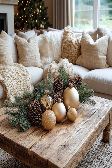 Modern farmhouse Christmas coffee table decor with gold ornaments, pinecones, and greenery. Christmas Decor Coffee Table, Modern Christmas Living Room, Festive Living Room, Christmas Coffee Table, Modern Farmhouse Christmas, Christmas Coffee Table Decor, Farmhouse Christmas Decor Ideas, Coffee Table Inspiration, Decor Coffee Table