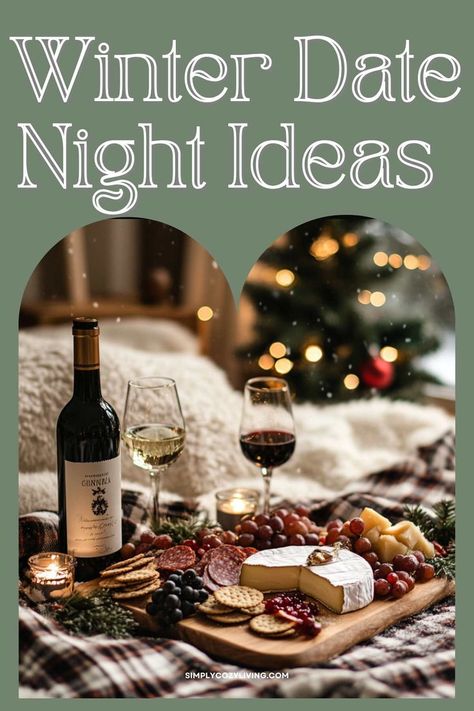 A cozy indoor winter picnic featuring a charcuterie board with wine, cheese, crackers, and fruits. Holiday lights and a decorated Christmas tree create a romantic and festive atmosphere in the background. Indoor Picnic Date, Winter Date Night Ideas, Date Night Ideas At Home Romantic, Parisian Picnic, Diy Hot Cocoa, Winter Date Night, Indoor Picnic, At Home Date, Holiday Dates