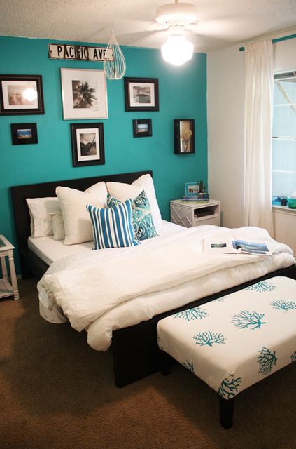 painted wall as 'headboard' again.   this guy has great before pictures.  look at that simple cover for the ottoman.  look at the curtain rod painted. White And Turquoise Bedroom, Turquoise Bedroom, Girls Bedroom Paint, Turquoise Room, Bedroom Turquoise, Turquoise Walls, Turquoise Decor, Small Bedrooms