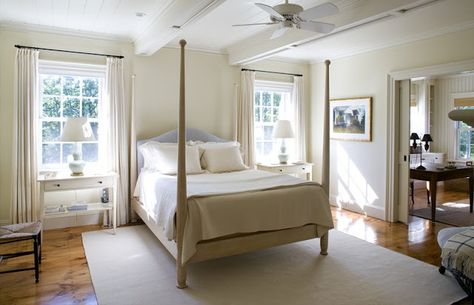 Windows either side of the bed | Master bedroom possibilities ... Bed Between Two Windows, Bed Between Windows, Patrick Ahearn Architect, Patrick Ahearn, Lake Houses, Shingle Style Homes, Timber Beams, Four Poster, Master Bed