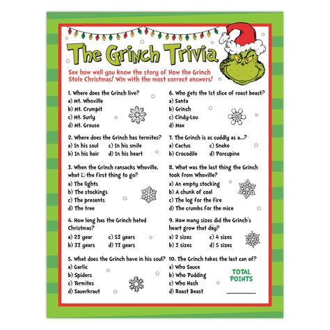 50% OFF: Grinch Trivia Activity Sheet - Party Supplies Canada - Open A Party Grinch Jepordy Game, Grinch Holiday Games, Grinch Family Christmas Party, Christmas Grinch Party Ideas, Grinch Activity Sheets, Grinch Christmas Party Games Free Printable, Grinch Christmas Activities For Kids, Grinch Christmas Activities, Grinch Themed Party Games