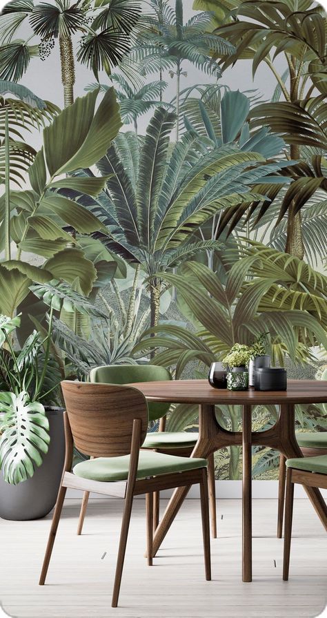 Tropical Wallpaper Restaurant, Tropical Landscape Wallpaper, Tropical Plant Wallpaper, Tropical Wallpaper Dining Room, Tropical Wallpaper Bathroom, Tropical Lounge, Tropical Dining Room, Wallpaper Design Ideas, Foliage Wallpaper