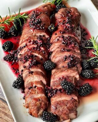 Blackberry Balsamic Herbed Pork Tenderloin - Oregon Raspberries & Blackberries Blackberry Balsamic, Blackberry Pork Tenderloin, Blackberry Appetizers, Crockpot Pork Loin, Blackberry Sauce, Low Carb Pork, Single Recipes, Stuffed Pork Tenderloin, Low Carb High Fat