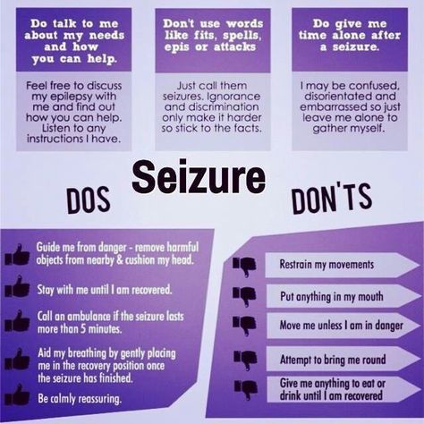 The Do's and Don'ts of Seizure response. Seizures Nursing, Seizures Quotes, Seizures Non Epileptic, Absence Seizures, Seizures Awareness, Purple Day, Awareness Quotes, Nurse Office, Neurological Disorders