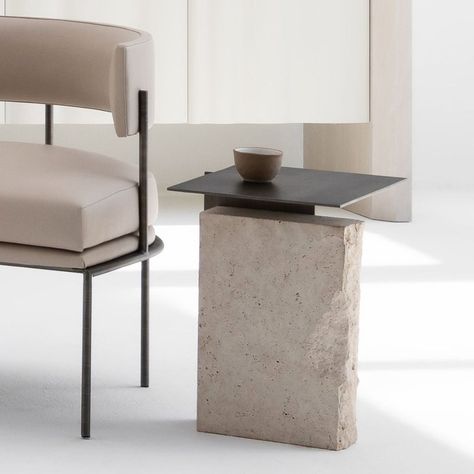 Travertine Furniture, Unique Home Ideas, Side Table Decor Ideas, Limestone Table, Minimal Side Table, Travertine Side Table, Sculptural Side Table, Stone Side Table, Travertine Table