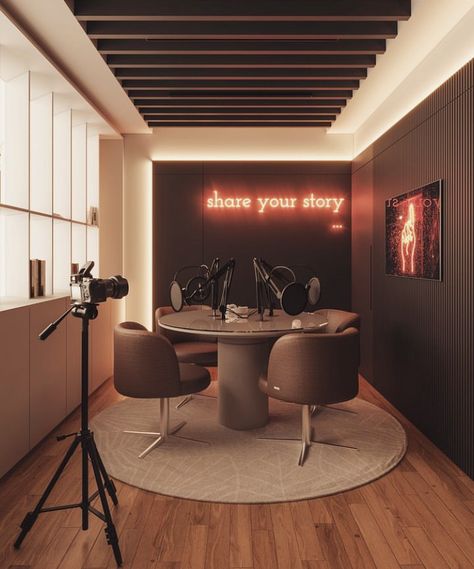 Podcast Corner Ideas, Podcast Studio Inspiration, Podcast Interior Design, Aesthetic Podcast Setup, Modern Podcast Studio, Industrial Set Design, Podcast Background Ideas, Podcast Studio Ideas, Home Youtube Studio Ideas