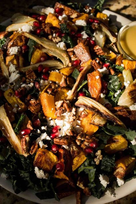 Kale Salad Recipe with Fennel, Butternut Squash and Orange Vinaigrette | Marie Bostwick Roasted Fennel Salad, Orange Vinaigrette, Fennel Recipes, Butternut Squash Salad, Kale Salad Recipes, Roasted Fennel, Squash Salad, Fennel Salad, Delicious Soup Recipes