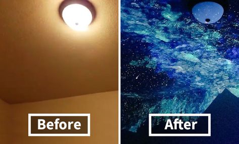 Woman Creates Glow-In-The-Dark Galaxy Painting For Boy Who Couldn't Fall Asleep, Here's His Reaction Glow In Dark Paint, Paint Galaxy, Stars Painting, Galaxy Bedroom, Galaxy Room, Glow In The Dark Paint, Sky Ceiling, Dark Ceiling, Dark Galaxy