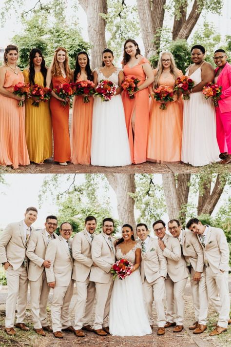 I am obsessed with these wedding party photos taken for this tropical themed wedding in Minneapolis! I love how the bridesmaids all wore different styles of dresses with varying vibrant colors. The dresses all correlated with the colors in the bridal bouquets! The groomsmen all matched with the groom in their tan suits and tropical ties. Check out our blog for more details from this wedding! Sunset Wedding Colors Groomsmen, Sunset Bridal Party Colors, Colourful Wedding Groomsmen, Sunset Wedding Groomsmen, Sunset Themed Wedding Bridesmaid Dresses, Colorful Wedding Groomsmen, Tropical Wedding Bridesmaid Dresses, Groomsmen And Bridesmaids Colors, Neutral Wedding Party With Bright Flowers