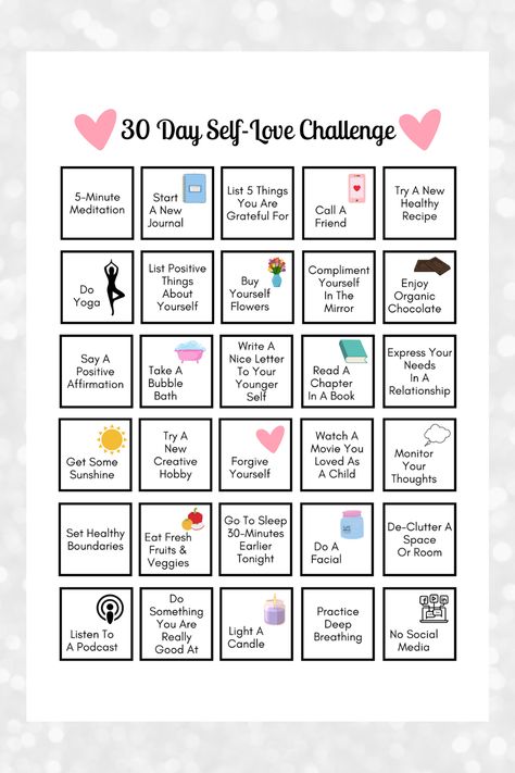 30 Day Self-Love Challenge PRINTABLE PDF in 3 sizes, US Letter, A4, A5 - Instant Download. This simple one-page self-love challenge will get you moving towards a lifestyle where self-love becomes a priority. This is a fun way to encourage self-love behaviors. Select a challenge each day and mark off as you go. You will feel a sense of accomplishment when the 30 day challenge is completed. Enjoy a refreshed version of you. Schedule Self Care, Self Love Challenge, Challenge 30 Day, Self Care Challenge, 10 Day Challenge, Creative Advertising Photography, Happiness Challenge, Day Schedule, Relationship Challenge