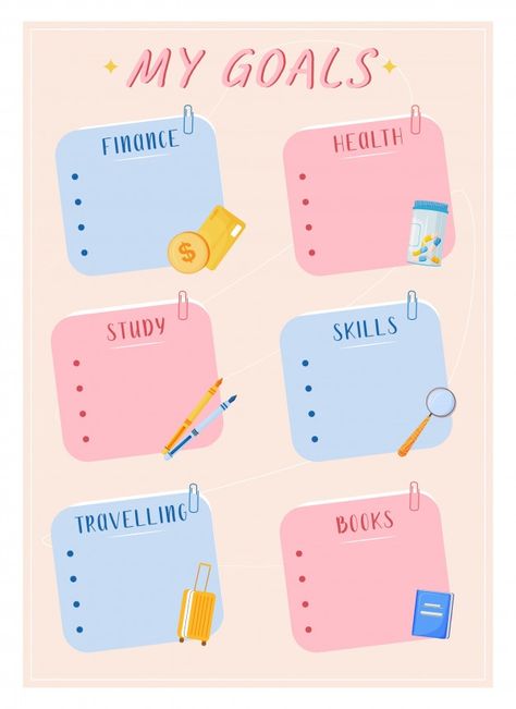 My goals creative planner page design. Download it at freepik.com! #Freepik #vector #cartoon #doodle #notebook #note Study Schedule Template, Doodle Notebook, Design Stationary, Organization Planner, Bullet Journal Cover Ideas, Cartoon Doodle, Memo Paper, Creative Planner, Study Schedule