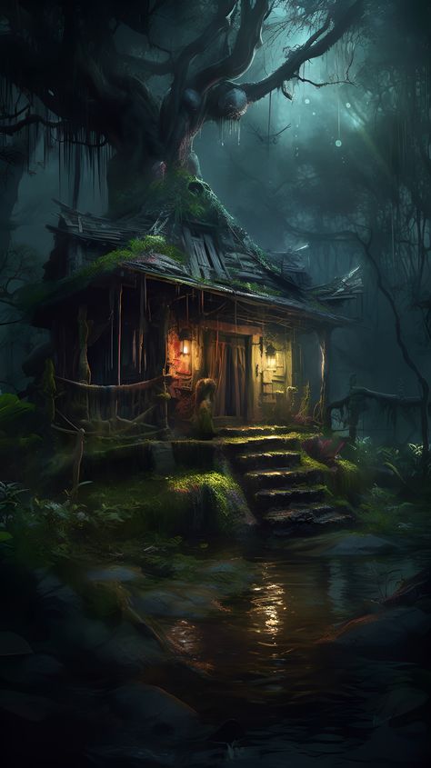 As the explorer trudged through the thick, humid air of the Louisiana swamp, his feet sinking into the murky water with every step, he spotted a small, dilapidated shack nestled among the trees. As he approached, he saw strange symbols etched into the wooden walls and a pungent smell of herbs and incense emanating from within. Heart racing, he realizes he has stumbled upon a voodoo shack, rumored to exist in the depths of the Louisiana swamps. Swamp Art Illustrations, Swamp Fantasy Landscape, Swamp Village Art, Swamp Aesthetic Wallpaper, Spooky Swamp Aesthetic, Louisiana Bayou Aesthetic, Swamp Hag Aesthetic, Swamp House Concept Art, Louisiana Swamp Aesthetic