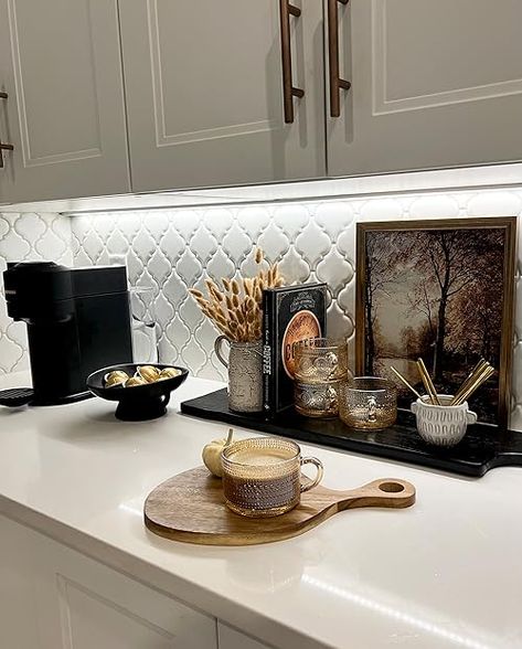 Donna Delaine Home's Amazon Page Coffee Corner In Kitchen Countertops, Coffee Bar Kitchen Counter Ideas, Kitchen Countertop Corner Ideas, Corner Of Kitchen Counter Ideas, Countertop Styling Kitchen Counters, Corner Kitchen Counter Decor, Coffee Bar Countertop Ideas, Coffee Station Styling, Fall Kitchen Countertop Decor