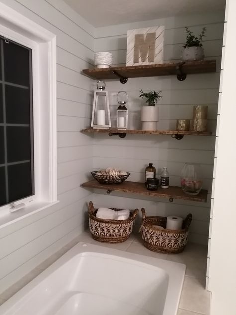 Bathroom Decor Big Master Bath, Bathroom Floating Shelves Above Bathtub, Bathroom Shelves Over Tub Master Bath, Floating Shelves Bathtub, Bathroom Floating Shelves Over Tub, Over The Bathtub Decor, Bathtub Shelf Decor, Bathroom Decor Above Tub, Floating Shelves Above Tub