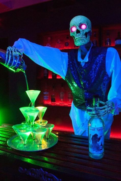 Halloween Decorations For A Bar, Skeleton Halloween Decorations Indoor, Horror Themed Restaurant, Halloween Tiki Bar, Bar Halloween Decorations, Haunted Hotel Decor, Halloween Night Club Decor, Halloween Pop Up Bar, Blacklight Halloween Party