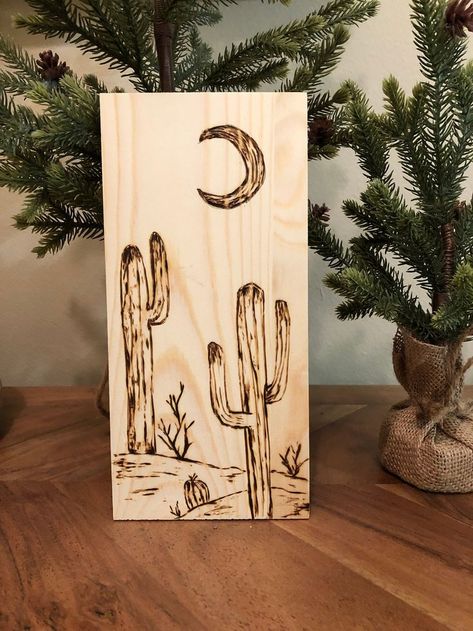 Beginner Wood Burning Projects, Wood Burning Ideas, Wood Burned Gifts, Cactus Scene, Simple Drawing Ideas, Beginner Wood Burning, Wood Burning Stencils, Wood Burn Designs, Woodburning Projects