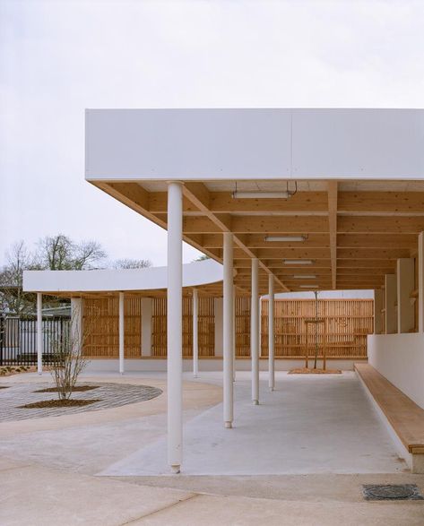 Bertrand Taquet Architects, Antoine Séguin · COURTYARD 03 · Divisare Architecture Courtyard, Wood Facade, Covered Walkway, Architecture Design Drawing, Brick And Wood, Architecture Model Making, Architecture Concept Drawings, Timber Structure, Concrete Structure