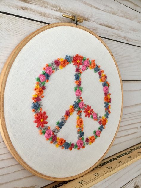 MADE TO ORDER you pick fabric . peace sign hand embroidery . free hand one of a kind design . peace love happiness . positivity . 7 inches by Embroiderwee on Etsy https://www.etsy.com/ca/listing/621109645/made-to-order-you-pick-fabric-peace-sign Peace Sign Embroidery, Peace Sign Hand, Embroidery Hoop Art Diy, Embroidery Hoop Crafts, Peace Love Happiness, Christian Crafts, Basic Embroidery Stitches, Denim Crafts, Sewing Embroidery Designs