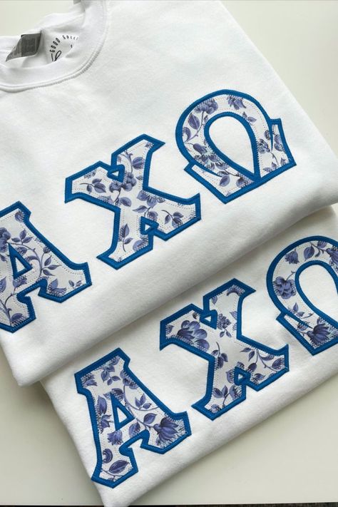 Sorority Stitched Letters, Alpha Chi Omega Shirts, Sorority Shirts Letters, Big/little Baskets, Sorority Family, Greek Letter Shirts, Stitched Letters, Big Little Basket, Alpha Phi Omega