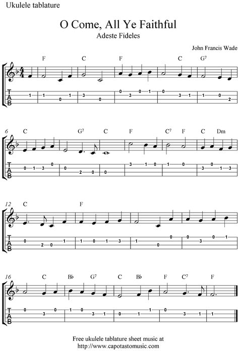 Guitar Music Sheets, Fur Elise Ukulele Tab, Let It Be Ukulele Chords, Ode To Joy Ukulele Tab, Hymns On Ukulele, Hallelujah Ukulele, Christmas Ukulele Songs, Christmas Ukulele, Ukulele Fingerpicking Songs