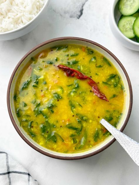 fenugreek (methi) leaves dal with a spoon served in a bowl with rice and cucumber on the side Methi Dal Recipe, Lentil Recipe, Dal Fry, Toor Dal, Stovetop Pressure Cooker, Lentil Dishes, Fenugreek Leaves, Dal Recipe, Veggie Delight