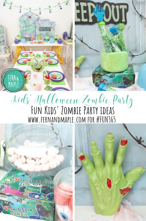 I created a zombified party that included all of the undead details, but with a lighter and sillier twist to make it more playful for kids! #fun365 #kidsparty #fernandmapleparty #halloweenparty #zombieparty #partyideas Disney Zombies Party Favors, Kids Zombie Party, Zombie Birthday Party Games, Zombie Themed Party Games, Zombies Party Disney, Cookie Decorating Station, Bubble Bottle, Slime For Kids, Zombie Party