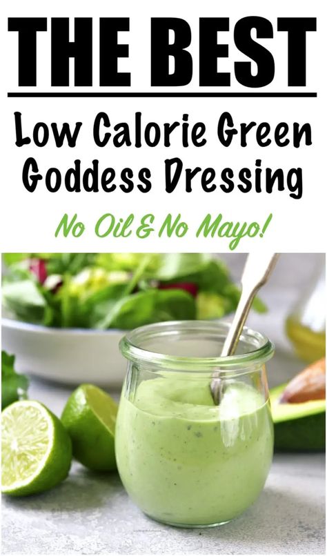 Low Calorie Salad Dressing Recipes for Weight Loss - Green Goddess Dressing with NO MAYO & NO OIL! Homemade Low Calorie Salad Dressing, Low Calorie Dressing Recipe, Hcg Salad Dressing, Low Calorie Salad Dressing Recipes, Healthy Homemade Salad Dressing Recipes, Green Goddess Recipe, Low Calorie Salad Dressing, Green Goddess Dressing Recipe, Goddess Salad Dressing