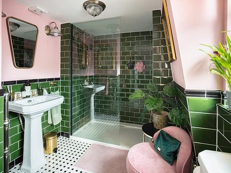 Green En Suite, Shower In Bedroom, Green Ensuite, Green And Pink Bathroom, Walk In Shower Remodel, Converted Attic, Peel And Stick Tiles, Shower Tile Ideas, Stick Tiles