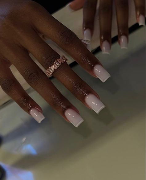 White Nails With White French Tip, Milky White Nails With White Tip, French Tip Nails Aesthetic White, White French Birthday Nails, White 18th Birthday Nails, Powder White Acrylic Nails, Milky White Nails Design Ideas, Milky Acrylic Nails, White French Tip Nails Black Women