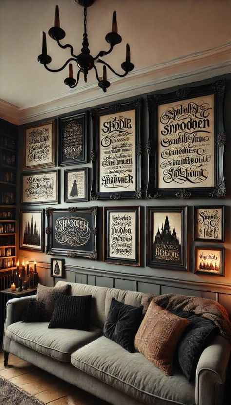 Harry Potter Living Room Decor, Horror Room Ideas, Horror Living Room, Fall Houses, Gothic Living Room Ideas, Harry Potter Living Room, Halloween Interior Decorations, Halloween Living Room Decor, Gothic Living Room