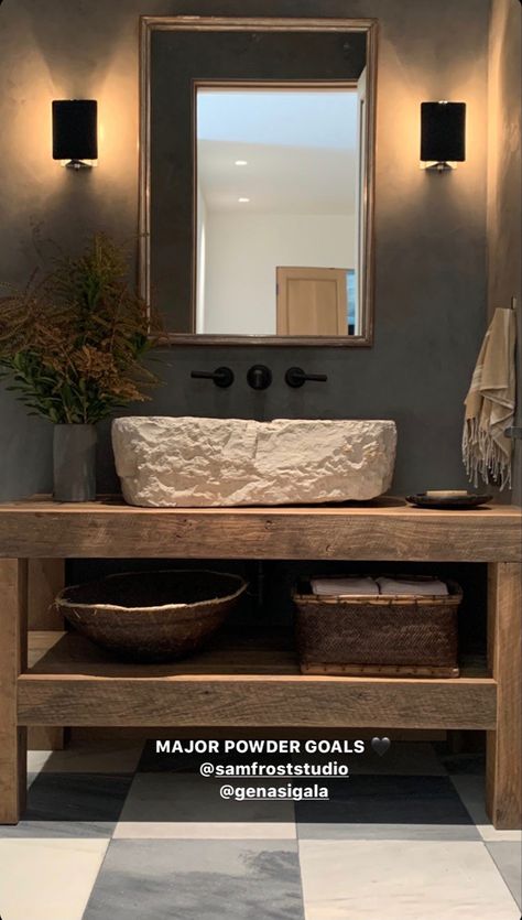 Dark Small Half Bath, Modern Lodge Bathroom Ideas, Organic Modern Half Bath, Modern Organic Powder Room, Half Bath Rustic, Organic Powder Room, Stone Sink Powder Room, Lodge Bathroom Ideas, Rustic Half Bath