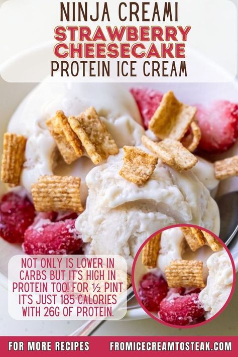 Healthy Ninja Creami Recipes | You’ll love this healthier spin on strawberry cheesecake | Facebook Ninja Creami Strawberry Cheesecake, Cheesecake Ice Cream Recipe, Ninja Creami Recipes, Protein Ice Cream Recipes, Strawberry Cheesecake Ice Cream, Dessert Recipes Cookies, Chocolate Almond Milk, Sorbet Ice Cream, Creami Recipes