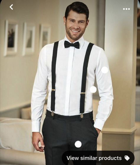 Outfits With Suspenders, Casual Groomsmen, Vogue Photography, Best Man's Outfit, Formal Dresses For Men, Ivory Bridesmaid Dresses, Black And White Tuxedo, Black Suspenders, Teen Dress