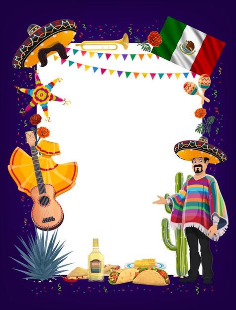 Fiesta Party Food, Mexican Independence, Mexican Fiesta Party, Party Icon, Vector Frame, Mexican Holiday, Celebration Background, Mexico Flag, Holiday Icon