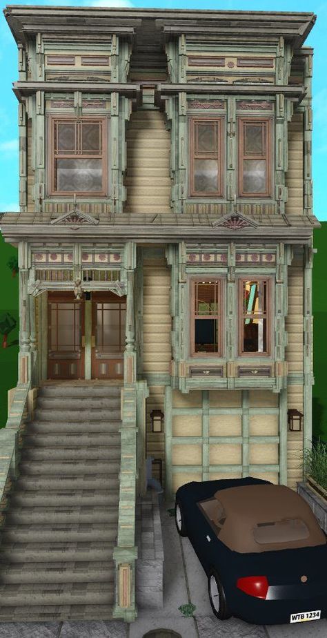 Bloxburg House Ideas Vintage Outside, Bloxburg Brownstone House, Townhomes Bloxburg, Downtown Bloxburg House, Old Timey Bloxburg Houses, Bloxburg 1800s House, Art Deco Bloxburg, Alaskaviolett Bloxburg, Town Homes Bloxburg