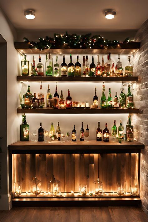 Accent Your Home Bar with Holiday Lights for a Festive Feel Home Bar Christmas Decor Ideas, Bar Lights Ideas, Indoor Christmas Lights Ideas, Christmas Lights Ideas, Bar Lights, Indoor Christmas Lights, Bar Lamp, Lights Ideas, Indoor String Lights