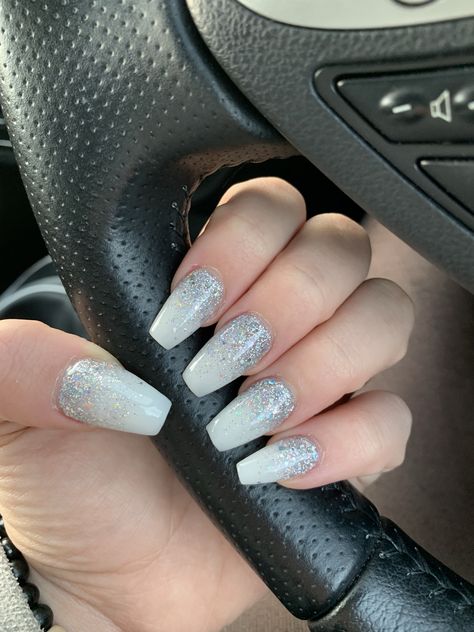 Icy Glitter Nails, White With Glitter Nails, White Nails With Silver Glitter, White Glittery Nails, Marriage Nails, Winter Formal Nails, White Acrylic Nails With Glitter, Christmassy Nails, Silver Sparkly Nails