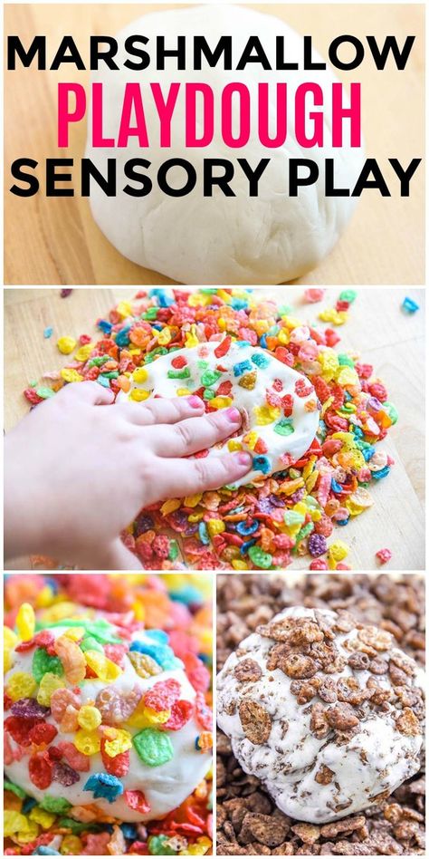 Sensory Play Marshmallow Play Dough recipe for Mini Chef Mondays! Easy DIY Craft fun for kids using Cocoa and Fruity Pebbles Breakfast Cereal. via @CourtneysSweets Marshmallow Sensory Bin, Fruity Pebbles Breakfast, Marshmallow Playdough, Marshmallow Activities, Edible Sensory, Play Dough Recipe, Diy Playdough, Cooking Theme, Mini Chef