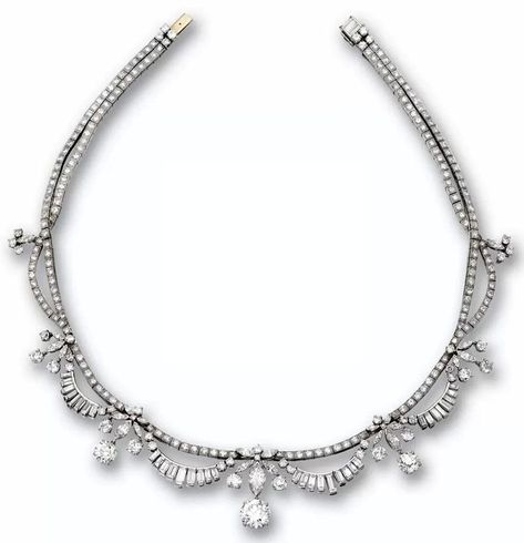 Diamond Necklace, circa 1950: Designed as garlands accented with fringes of floral sprigs at regular intervals, set with 1 old European-cut diamond weighing ~2.70 carats, 2 old European-cut diamonds weighing ~2.30 carats, 50 round diamonds weighing ~8.50 carats, 192 round diamonds weighing ~4.25 carats, 22 marquise-shaped and 38 baguette diamonds weighing ~5.90 carats and 1 marquise-shaped diamond weighing ~.90 carat, mounted in platinum, length 14½ inches, signed Ruser. With signed box. Freshwater Pearl Jewelry, International Jewelry, Rodeo Drive, Baguette Diamonds, European Cut Diamonds, Antique Diamond, Baguette Diamond, Diamond Gemstone, Pearl Jewelry