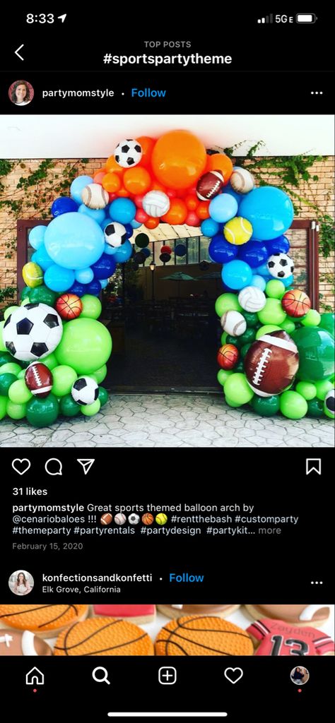 Balls Theme Birthday Party, Sports Balloons Arch, Sports Birthday Party Balloon Arch, All Sport Theme Birthday Party, Sports Theme Bday Party, Sports Party Balloon Garland, Sports Party Balloons, Three Agent Sports Birthday, Sport Balloon Arch