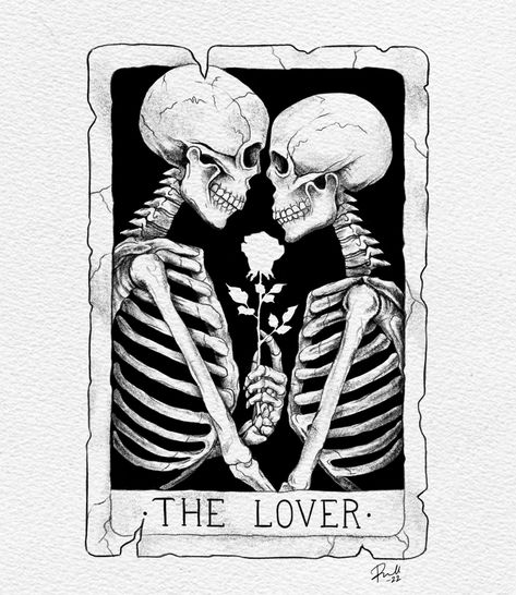 The Lovers Tarot Card Tattoo Simple, Dark Sleeve Tattoos For Women, Skeleton Lovers Tattoo, The Lovers Tattoo Design, The Lovers Tarot Card Tattoo, Skeletons In Love, Herren Hand Tattoos, Lovers Tattoo, Skeleton Lovers